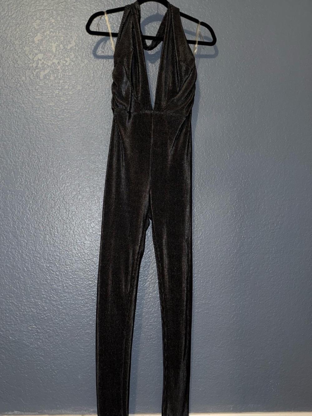 Fashion Nova Black Velvet Plunge Halter Jumpsuit